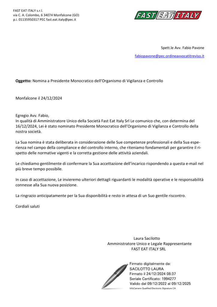 Nomina a Presidente Monocratico Fast Eat Italy